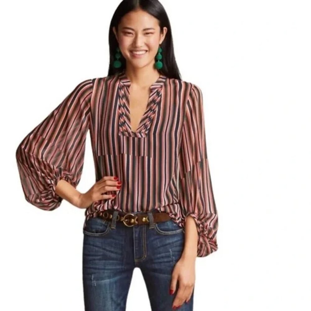 CAbi The Ultimate Blouse Sheer Balloon Sleeve Vertical Stripe Disco Style 5519